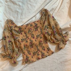 Floral Smocked Puff-Sleeve Crop Top - Yellow